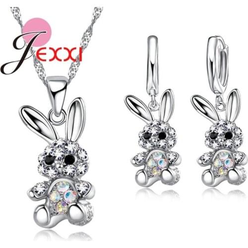 Hot Sale Women Girls Lovely Cute Animal Rabbit Crystal Pendent 925 Sterling Silver Chains Necklace Jewelry Sets Bijoux