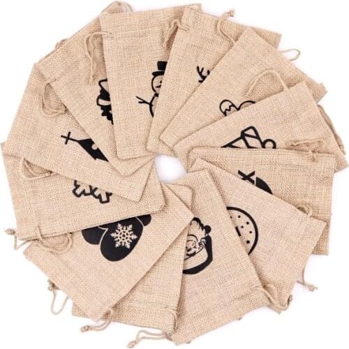 50Pcs/lot Santa Claus Christmas Linen Cotton Gift Drawstring Bag Christmas Halloween Small Object Candy Storage Bags 10x14cm