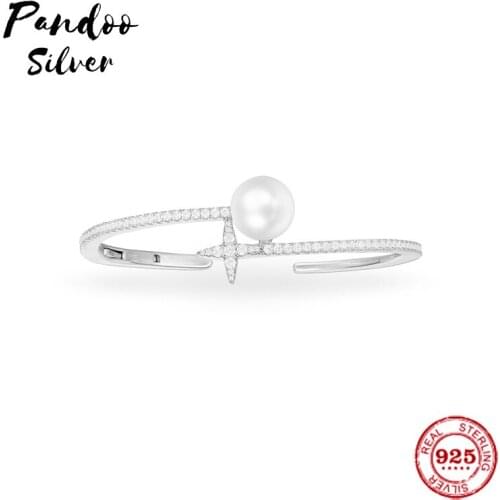 Fashion Charm Sterling Silver Copy 1:1 Copy,Silver Open Pearl & Star Cuff Women 2021 Jewelry Gift With Logo