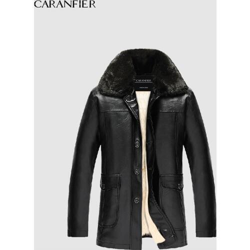 CARANFIER Mens Leather Jacket Plus Velvet Thicken Fur Collar Outerwear Business Casual Winter Warm Quality Overcoat Fleece Coats