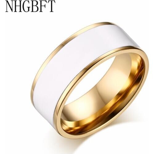NHGBFT 8mm Wide Gold Color White Epoxy Rings For Mens Women Stainless steel wedding engagement rings Dropshipping
