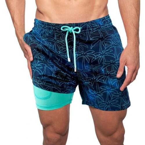 Beach Board Shorts Mens Swimwear Wide Leg Double Layer Men Shorts All-matched Drawstring Elastic Waist Swim Trunks Beachwear