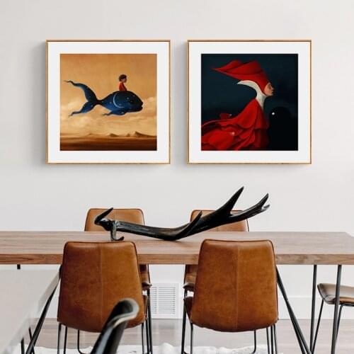 Simple modern Nordic abstract watercolor sea girl whale canvas decorative painting picture print poster childrens room mural