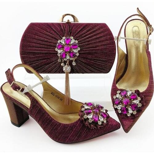 Magenta Color 2020 Decorated With Rhinestone Shoes And Bag Set Italian Design Matching Shoes And Bag Set for Wedding