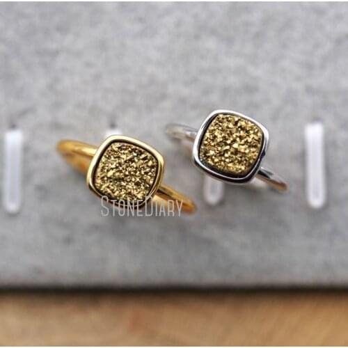 RM8867 10Pcs Copper Ring Titanium Gold Druzy Crystal Square Ring Sale Adjustable