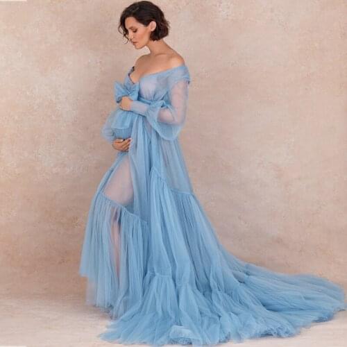 Romantic Blue Maternity Dresses For Babyshower Off Shoulder Tulle Maternity Gown Photography Outfit Pregnancy Women Long Dress