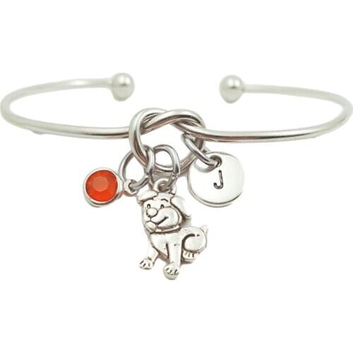 Dog Animal Vintage Creative Initial Letter Monogram Birthstone Adjustable Bracelet Fashion Jewelry Women Gift Pendant