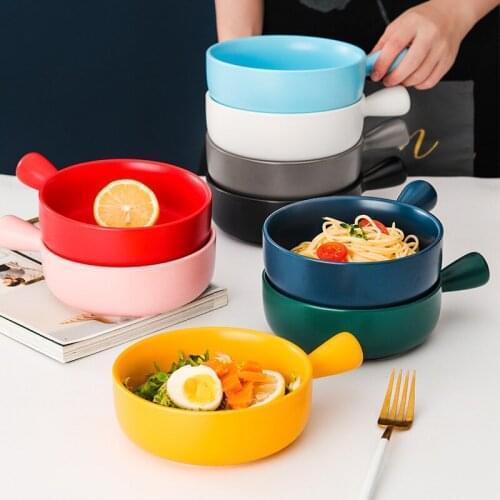 Baked rice soup bowl Nordic ribbon handle baked bowl simple household tableware ceramic noodle ramen dessert handle bowl