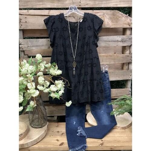 Women Blouse Hollow Flower Short-sleeved T-shirt