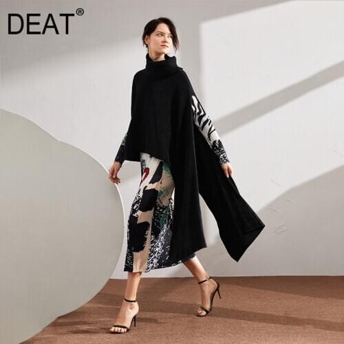 DEAT Pleated T Shirt Women Pullover Irregular Long Length Solid High Street Solid Wild Elegant Thick 2021 Autumn Fashion HT335