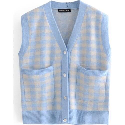 Womens Vest Sweaters Za Fashion 2021 Vintage Plaid Print V Neck Pockets Sleeveless Cardigans Casual Waistcoat Mujer Tops