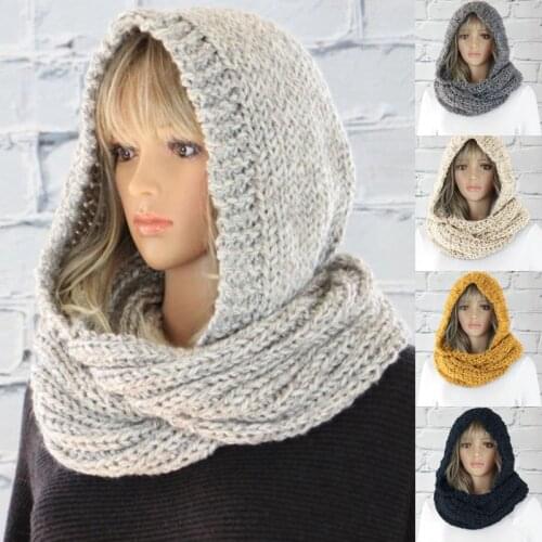 Women Winter Knitted Hooded Neck Scarf Female Fashion Hooded Bib Pure Color Knitting Scarf Cap Warm Cloth Accessories Dropship