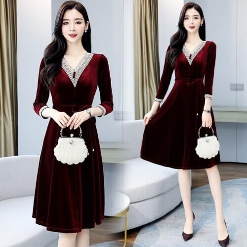 2021 Elegant Burgundy Gold Velvet Vintage Midi Dress Spring Autumn Korean Solid V-Neck 3XL Plus Size Vestido Women Bodycon Dress