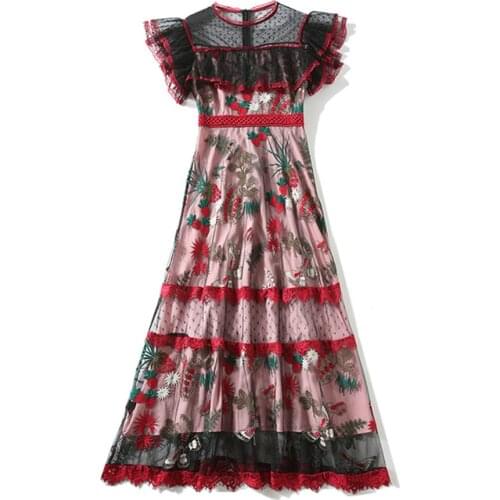 Fashion Design Floral Strawberry Embroidery Dress Women Vintage Slim Long Dresses Female Retro Stereo Ruffles Tulles Mesh Dress