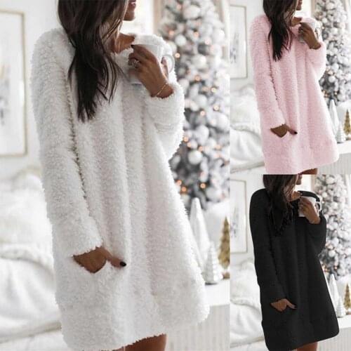 Winter Solid O Neck Simple Women Elegant Dress 2021 Casual Loose Plush Mini Dresses Winter Long Sleeve Warm Party Dress Vestidos