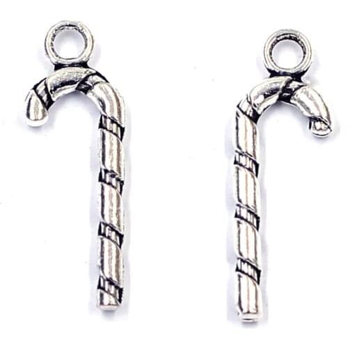 30Pcs Pendants Christmas X-mas Candy Cane Crutch Antique Silver Tone For Charms Bracelets Jewelry DIY Making Finding 27x9mm