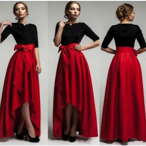 Elegant Red High Low Taffeta Skirt Personalized Pleat Floor Length Long Skirt with Big Bow 2017 Fashion Satin Skirt