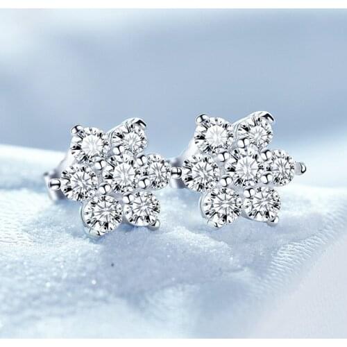 Classic 925 Sterling Silver Wedding Earrings Cute Female White Crystal Snowflake Earrings For Women Small Double Stud Earrings
