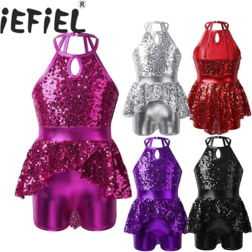 Girls Halter Sequin Ballet Dance Leotard Tutu Dress Kids Teens Lyrical Contemporary Dance Costume Gymnastics Leotard Dancewear