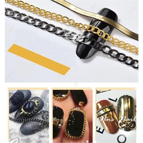 MIOBLET 50CM Flat Shape Metal Nail Chain Gold Black Decorations Snake Chain Bone DIY 3D Vintage Nail Art Rhinestones Accessories