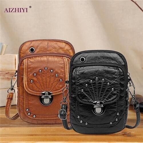 Fashion Rivet Shoulder Bag Women Soft Leather Vintage Zipper Small Handbag Pouch Outdoor Shopping Accessaries Supplies