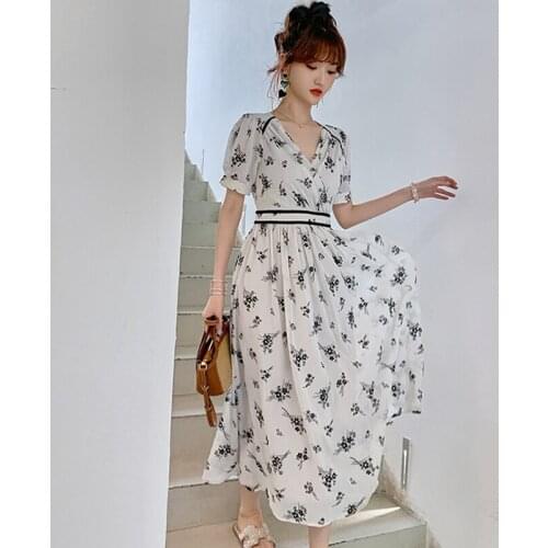 Fashion Summer Korean Vintage Short Sleeve Midi Party Dress Ladies Robe Elegant Casual V-Neck Floral Print Beach Vacation Dress