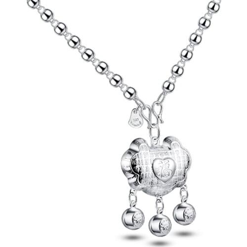 Fashion Longevity Lock Necklace for Women 925 Sterling Silver Long Round Bead Chain Lock Choker Necklaces Female Party Jewelry