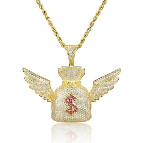 Moveon Dollar $ Symbol Purse Angel Wings Necklaces Hip Hop Jewelry Ornament Rotate 3A Zrcon Charm Pendant For Women Men Gifts