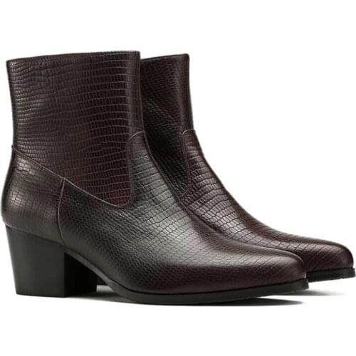 Autumn Winter High Heel Men Boots Quality Embossed Leather Chelsea Ankle Boots Trendy Pointed-Toe Warm Boots Height Increase 6CM