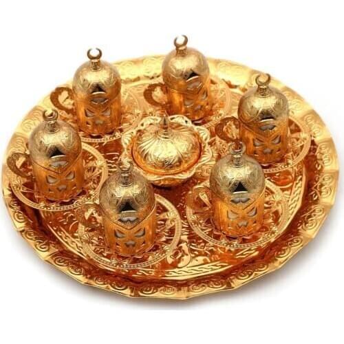 Copper Coffee Cup Set - 6-Piece Authentic Ottoman Pattern I Turkish Coffee Set I Espresso Cups I Serving Tray