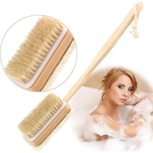 Body Back Cleaning Brush Massage Shower Wooden Handle Skin Cuticle Grease Remove Loofah Bristle Both Side Bath Brush