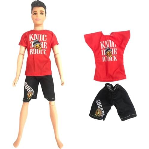 NK 1 Pcs Princ Doll Clothes Cartoon Pattern Red Shirt Shorts Black Pants Casual Clothes For Ken Doll Men Doll Toys Baby Gift