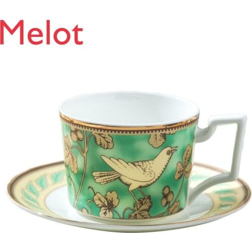 Wholesale high quality hand printed gold bird cup and saucer fine bone china coffee tea cup plate set
