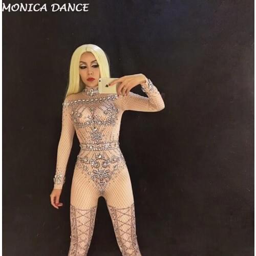 Sexy Stage Bodysuit Full Sparkling Crystals Stones Jumpsuit Christmas Celebrate Nightclub Performance Party Wear Women outfit