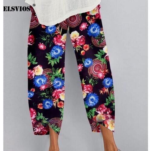 Plus Size Women Casual Elastic Waist Wide Leg Pant Cotton Linen Render Printed Cropped Pants Loose Irregular Summer Pants 2020