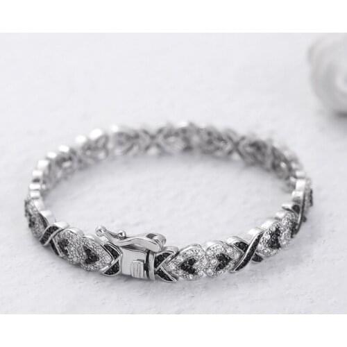 Luxury Silver Color White Black Crystal Heart Chain Bracelet Birthday Christmas Gift Valentines Day Gift Bridal Wedding Jewelry