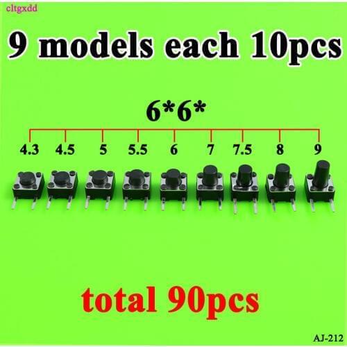 90pcs 6*6 Tact Switch Tactile Push Button Switch Kit, Height: 4.3/4.5/5/5.5/6/7/7.5/8/9MM DIP 2P micro switch 6x6 Key switch