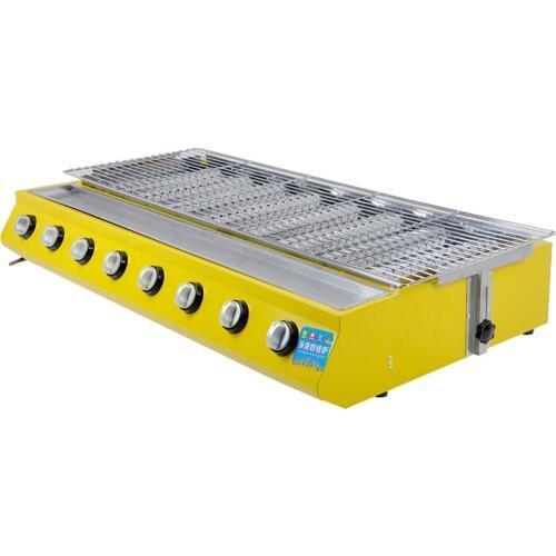 Eight-head Gas Grill Liquefied Gas BBQ Machine Commercial Roast Fish and Shell Roasting Machine Flat Pan 220V 500w