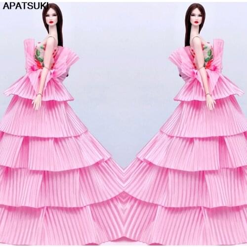 Floral Pleated Pink Fashion Doll Clothes For Barbie Doll Outfits Wedding Dress For 1/6 BJD Doll Toys For Children