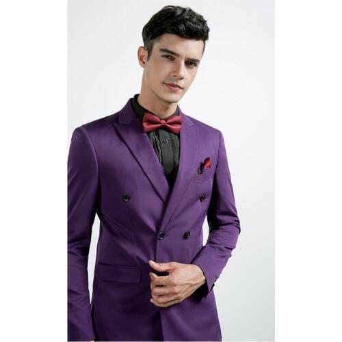 High Quality Double Breasted Dark Purple Groom Tuxedos Peak Lapel Groomsmen Men Blazers Suits (Jacket+Pants+Tie) NO:453