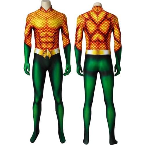 Adult Superhero King of Atlantis Arthur Curry Jumpsuit Cosplay Costume Halloween Masquerade Party Bodysuit