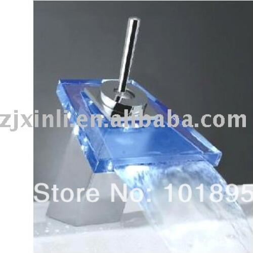 X8335B1 - Deck Mounted Chrome Color Cold & Hot of Single Handle LED Glass Waterfall Bathroom Sink Faucet