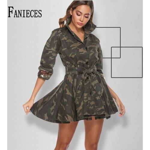 Factory Direct Camouflage Bead Lapel Collar Waist Umbrella outwear femme Spring Fall Europe Style Womens Jacket streetwear