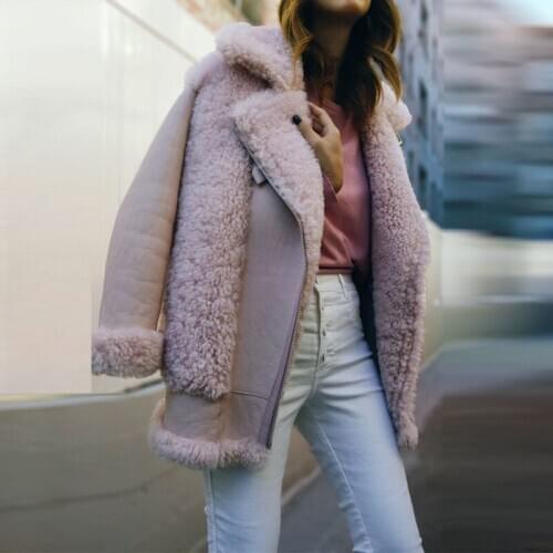 Winter 2020 Shearling Biker Real Fur Jacket Female Luxury Streetwear Warm Wool Coat Designer Lapel Zipper Punk Outerwear S-L