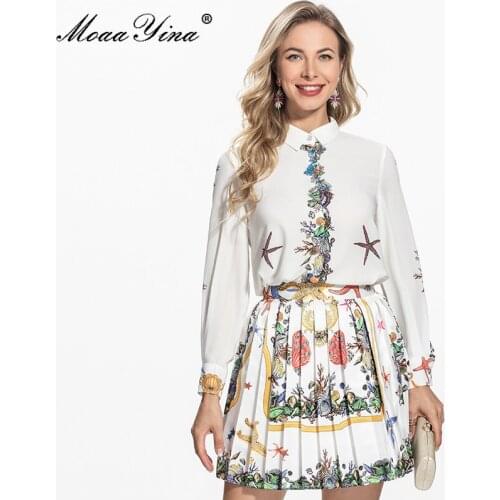 MoaaYina 2021 Autumn Runway Skirt Suit Womens Casual Long Sleeve Printing Blouse＋Pleated Mini Skirt Fashion Two Piece Set