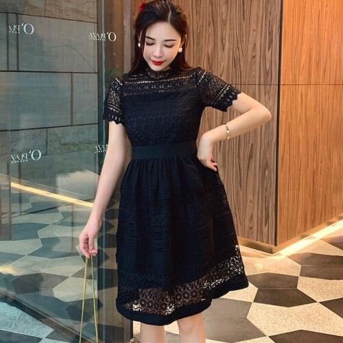 Black Lace Dress Women Korean Elegant Sexy Summer Mini Dress Hollow Out Stand Neck High Waist Party Dress Plus Size Vintage B016