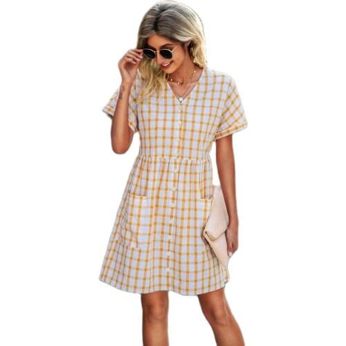 New Design Good Quality Factory Price Fashion Hot Selling Womens Plaid Pocket V-Neck Dress