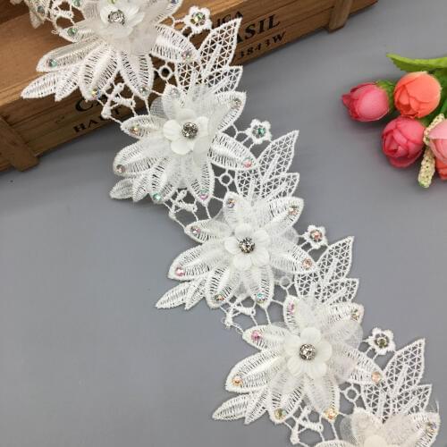 1 yard White 3D Wing Shape Pearl Rhinestones Flower Lace Trim Trimmings Fabric Ribbon Wedding Dress Clothes Applique DIY Sewing