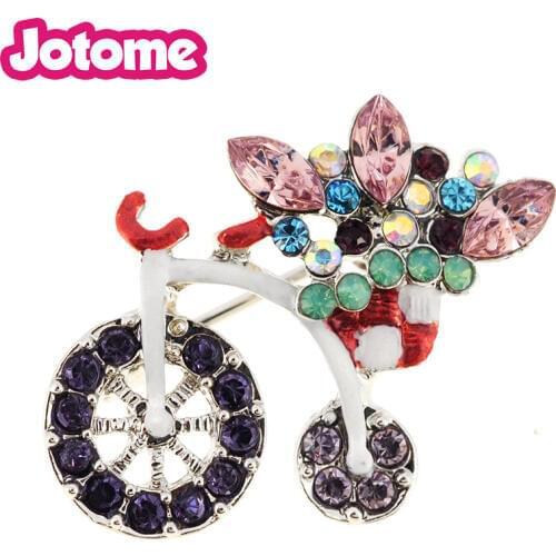 100pcs/lot Purple Penny-farthing With Flower Basket Crystal Bicycle Pin Brooch