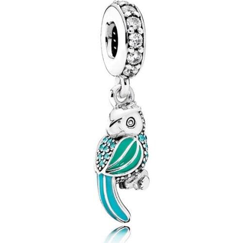 Free Shipping 925 Sterling Silver Tropical Parrot Hanging Charm Fit Original Pandora Bracelet For Women DIY Jewelry S925 Bead